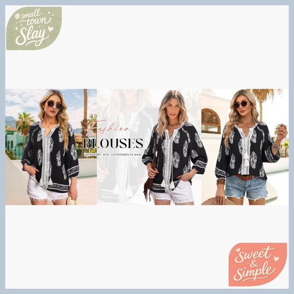 Linen Blend 3/4 Sleeve V-Neck Tunic Top Boho Floral Print Loose Fit - Picture 6 of 6